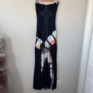 Sky Y2K Maxi Dress M Crochet Ruched Bodice Navy Abstract Art Strapless Long